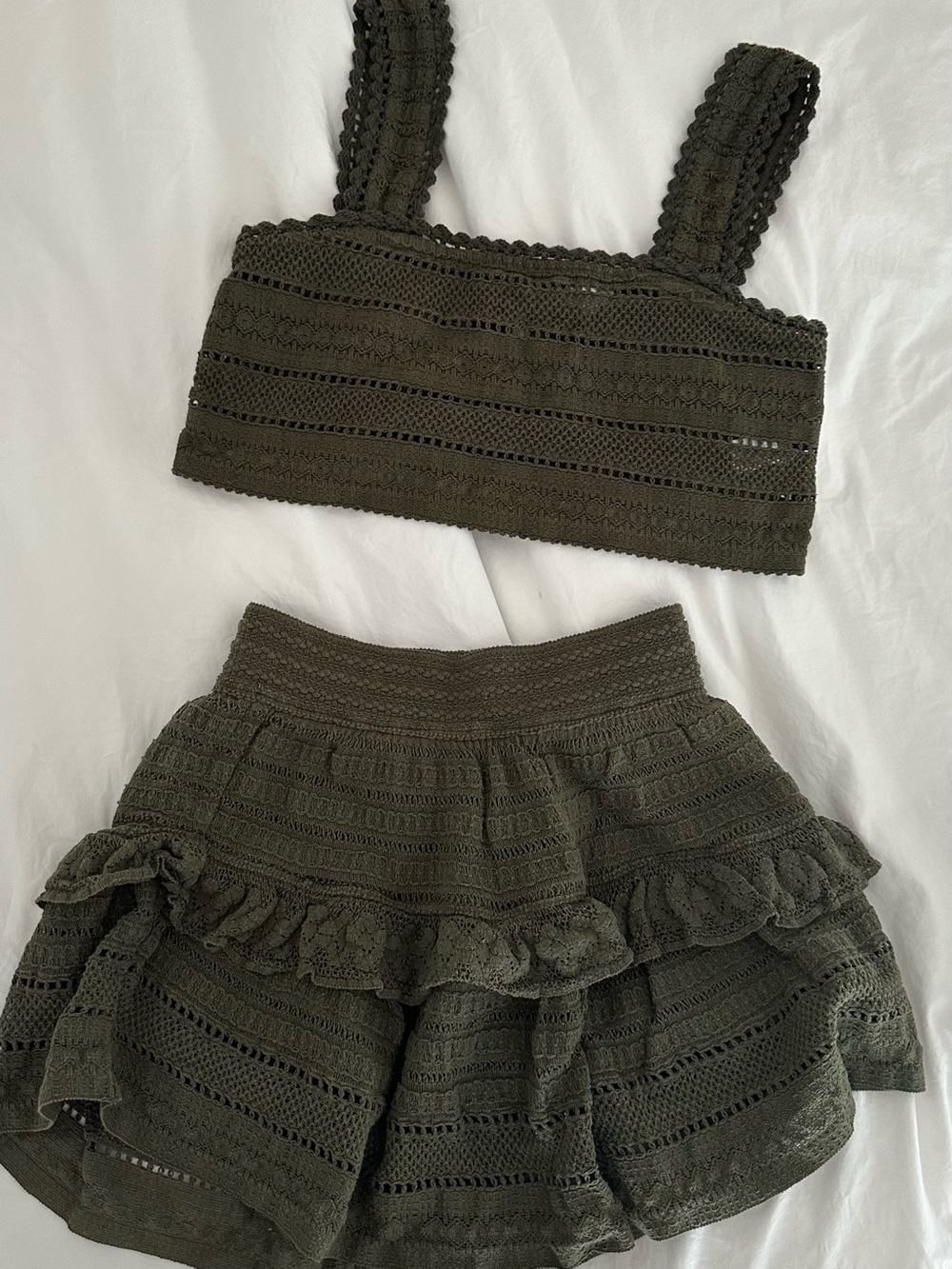 aerie Olive Crochet Ruffle skirt Set